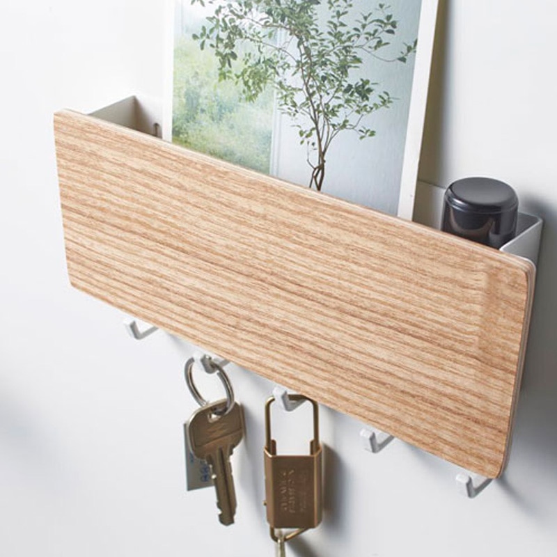 Wall Mounted Wood Colored Rack with Hooks